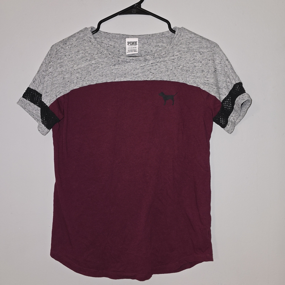 PINK Victoria's Secret Maroon and Heather Gray Colorblock Tee